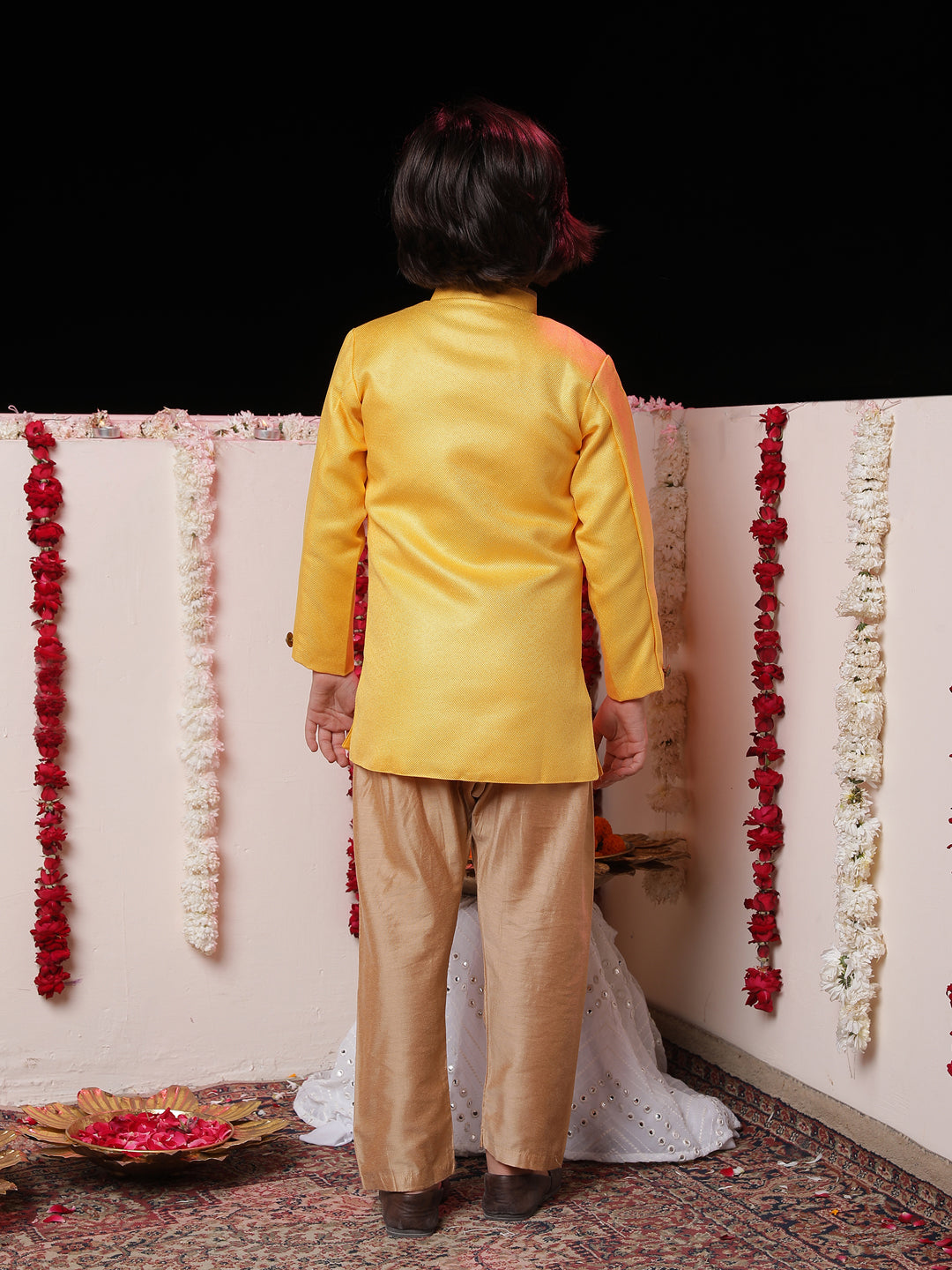 Vastramay Boys' Yellow Jute Silk Sherwani Set - qivii