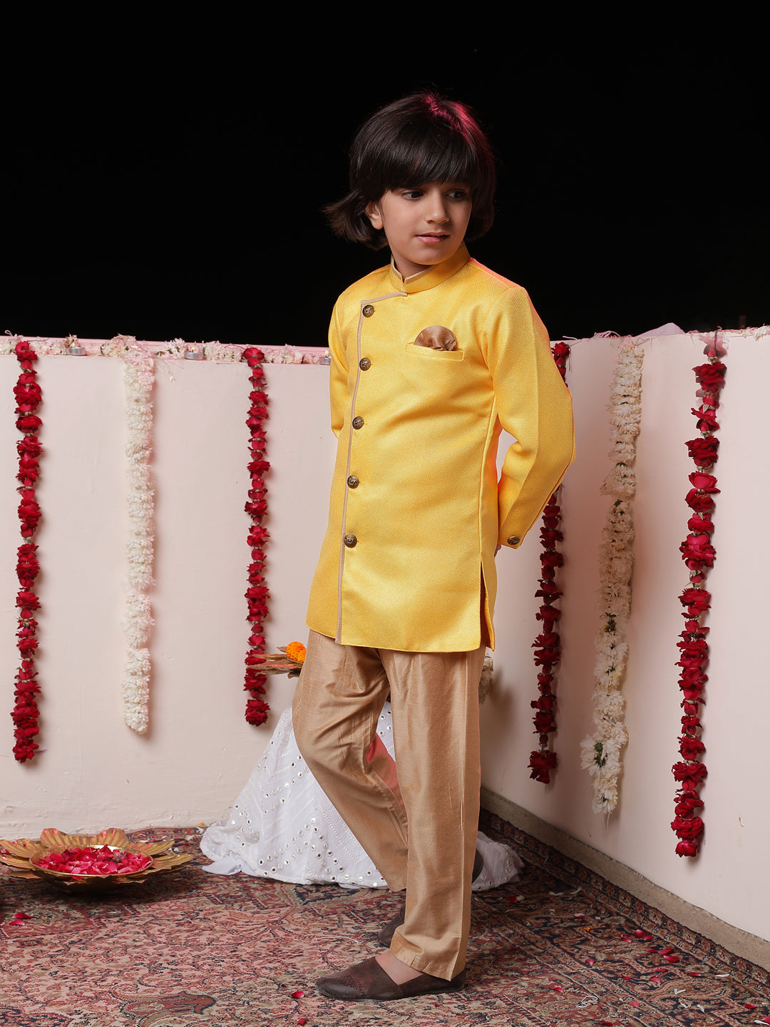 Vastramay Boys' Yellow Jute Silk Sherwani Set - qivii