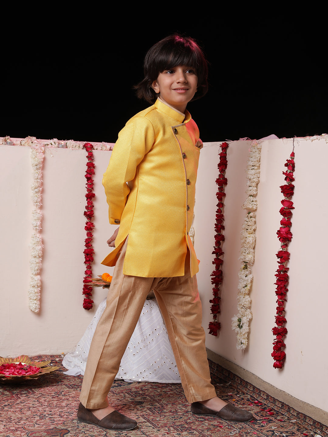 Vastramay Boys' Yellow Jute Silk Sherwani Set - qivii