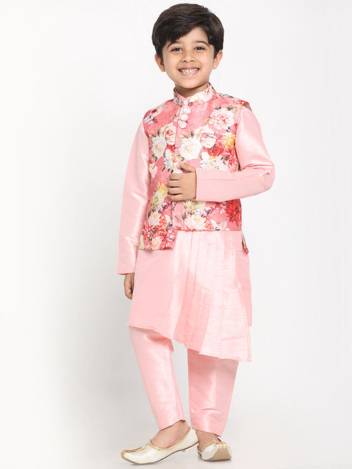 Vastramay Boy's Pink Asymmetric Kurta With Floral Printed Jacket And Pyjama Set - qivii