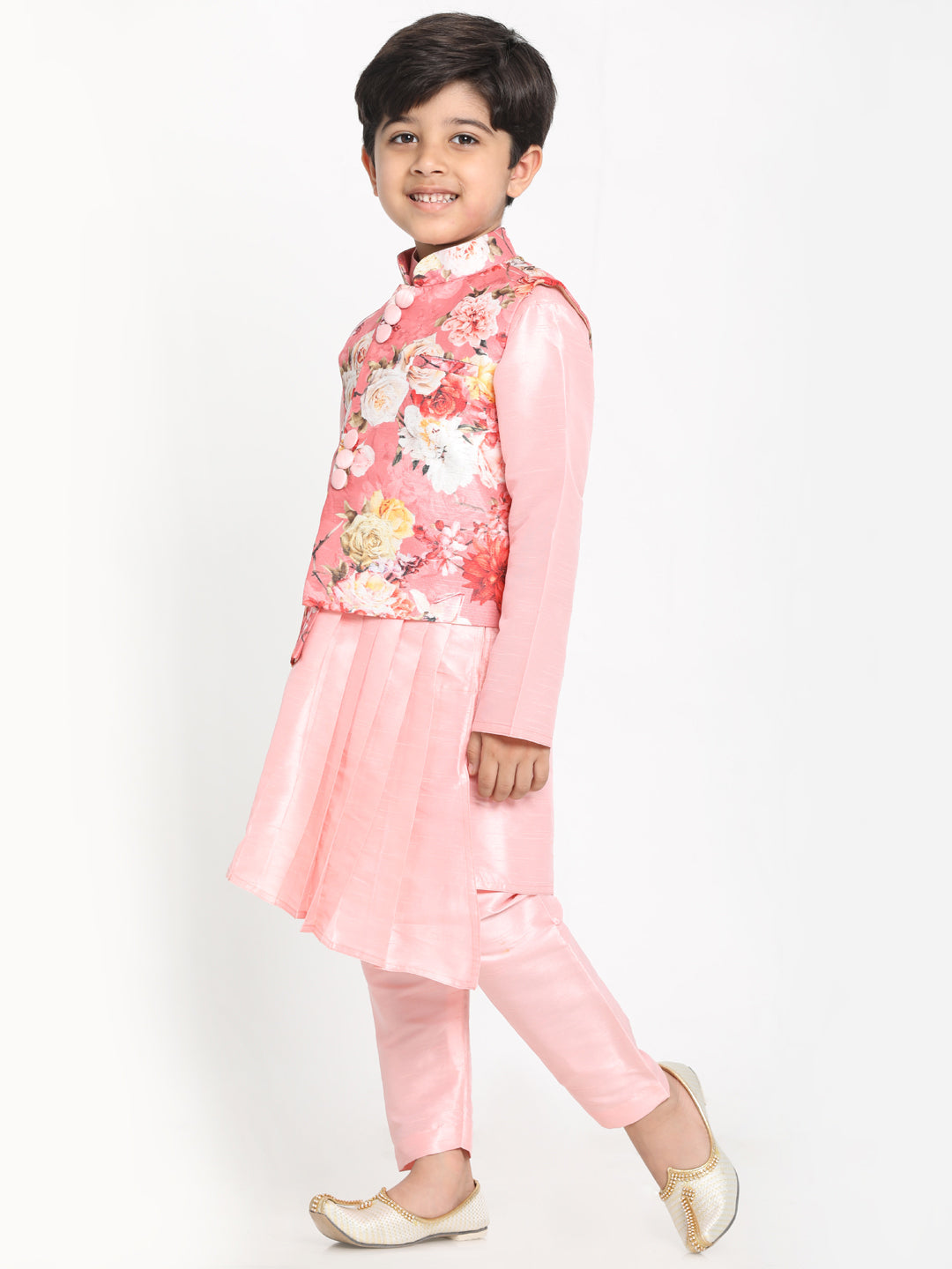 Vastramay Boy's Pink Asymmetric Kurta With Floral Printed Jacket And Pyjama Set - qivii