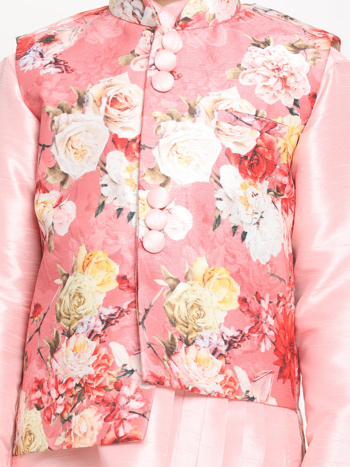 Vastramay Boy's Pink Asymmetric Kurta With Floral Printed Jacket And Pyjama Set - qivii