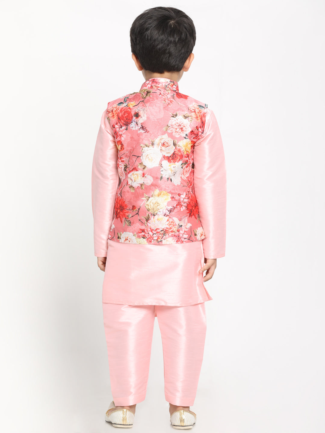 Vastramay Boy's Pink Asymmetric Kurta With Floral Printed Jacket And Pyjama Set - qivii