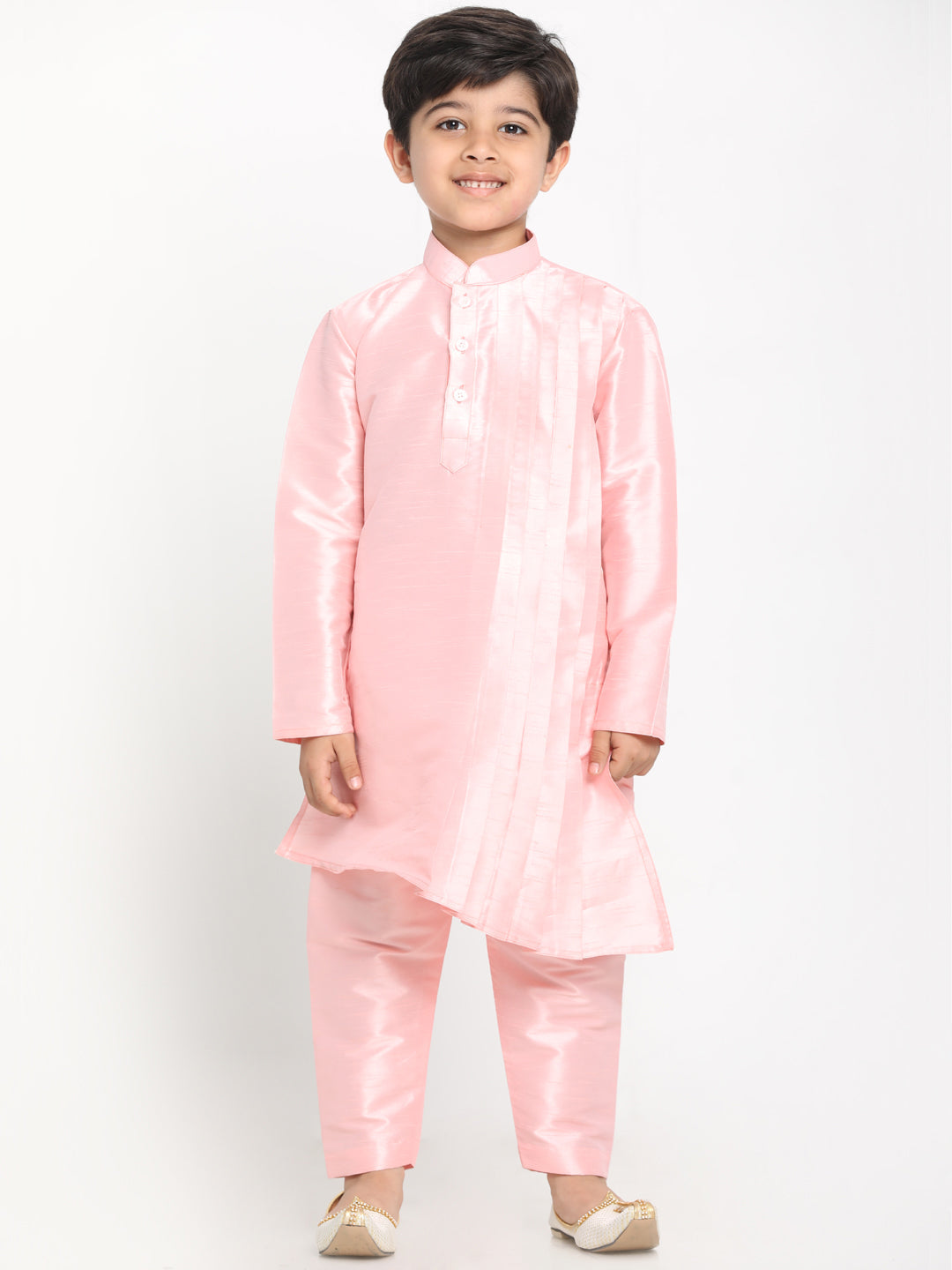 Vastramay Boy's Pink Asymmetric Kurta With Floral Printed Jacket And Pyjama Set - qivii