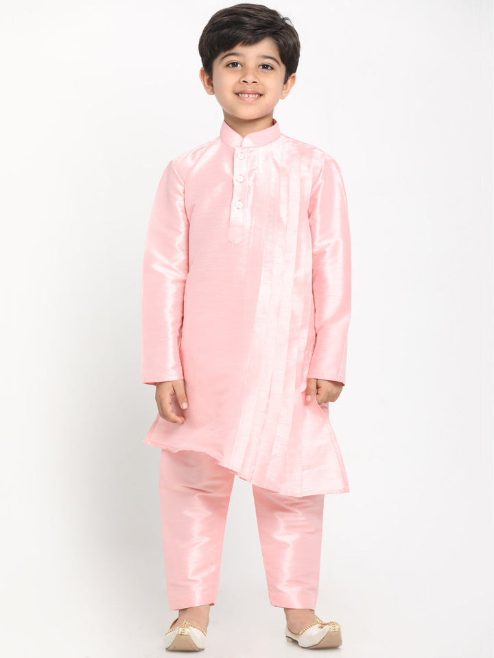 Vastramay Boy's Pink Asymmetric Kurta With Floral Printed Jacket And Pyjama Set - qivii