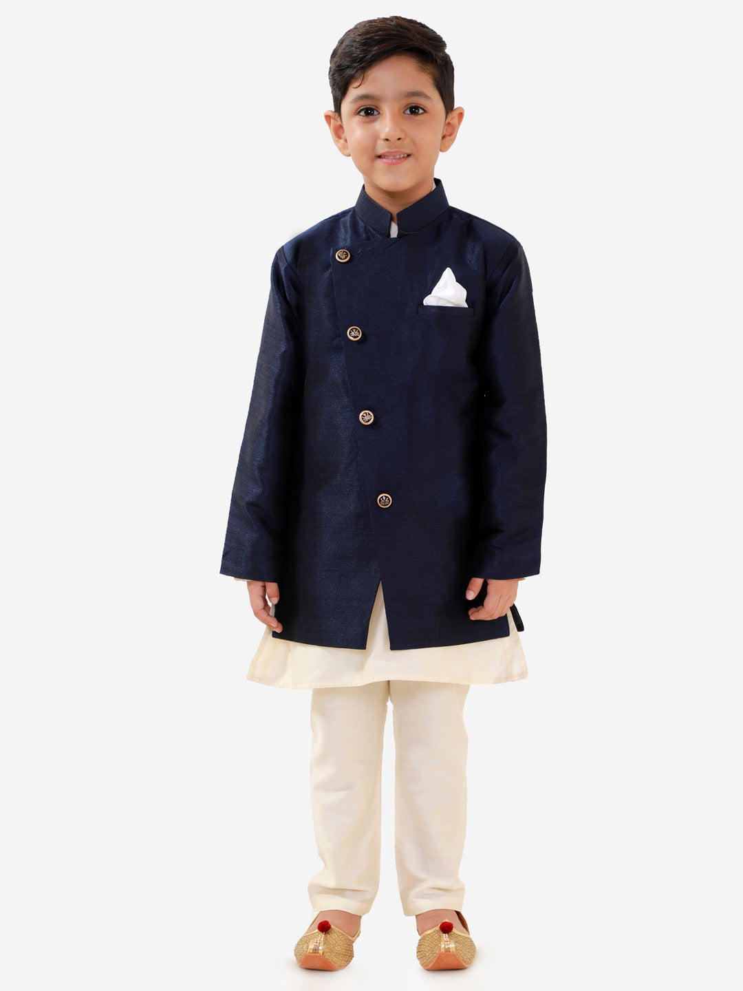Vastramay Boys' Blue Silk Blend Jacket, Kurta and Pyjama Set - qivii
