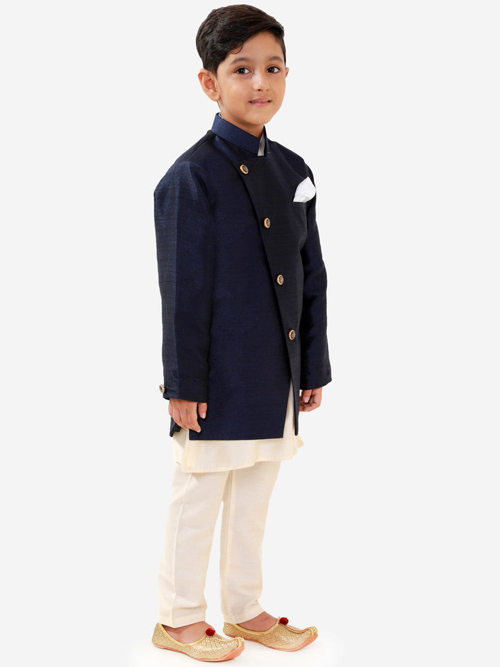 Vastramay Boys' Blue Silk Blend Jacket, Kurta and Pyjama Set - qivii