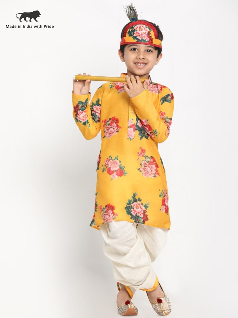 VASTRAMAY Boy's Yellow Krishna Style Kurta and Dhot Set - qivii