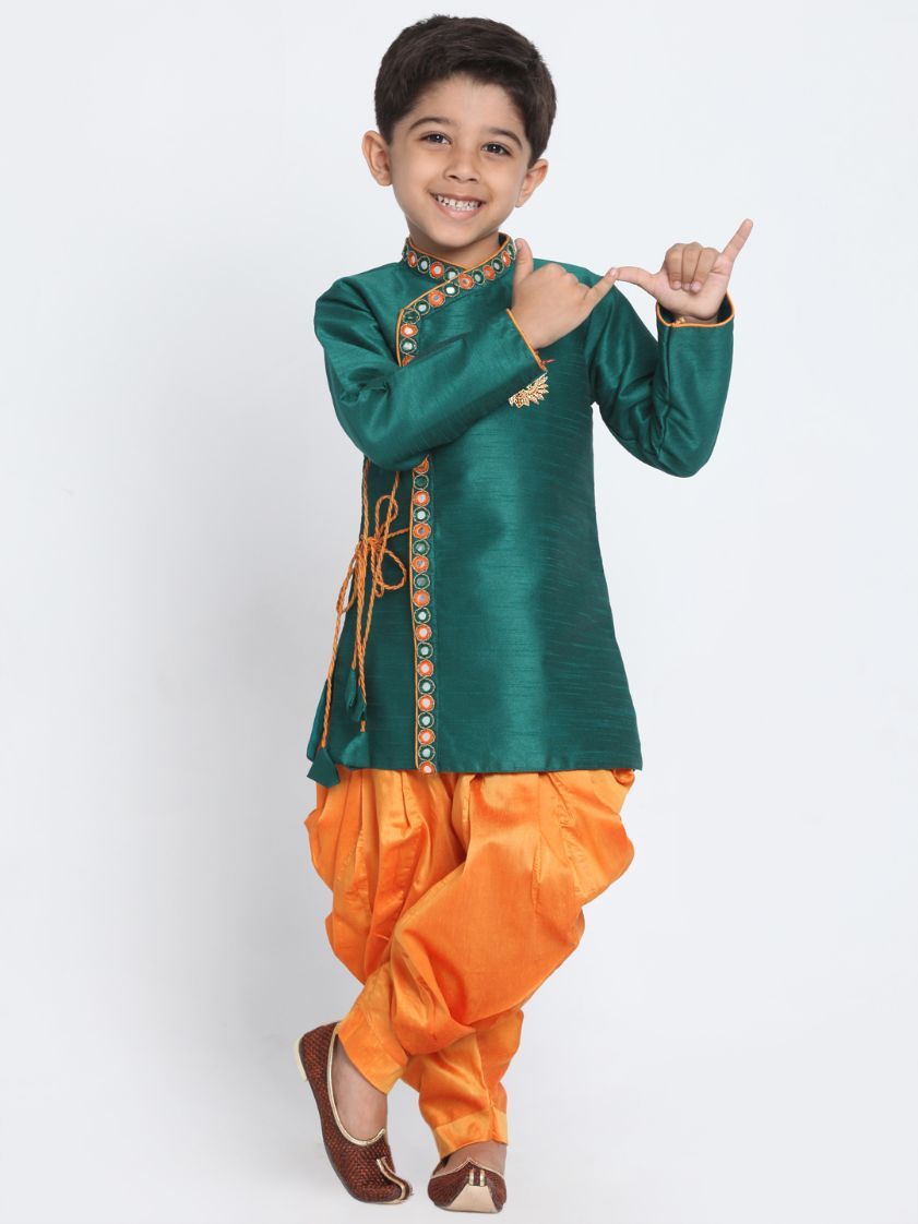 Vastramay Boy's Green Cotton Silk Blend Kurta and Dhoti Set - qivii