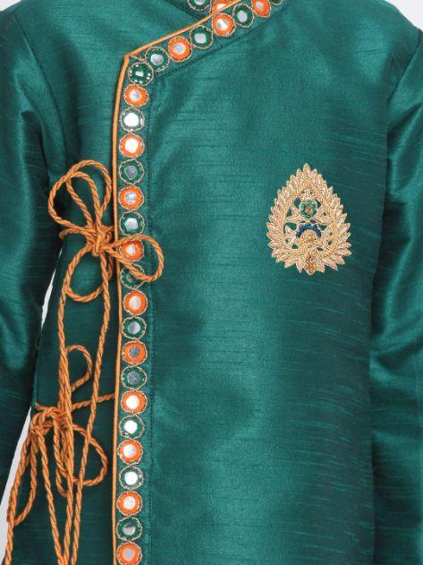 Vastramay Boy's Green Cotton Silk Blend Kurta and Dhoti Set - qivii