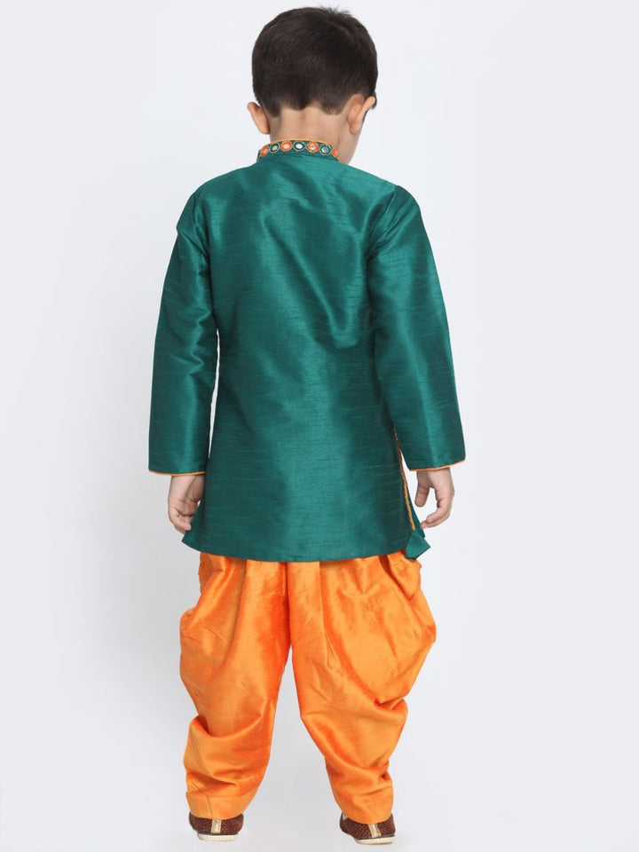 Vastramay Boy's Green Cotton Silk Blend Kurta and Dhoti Set - qivii