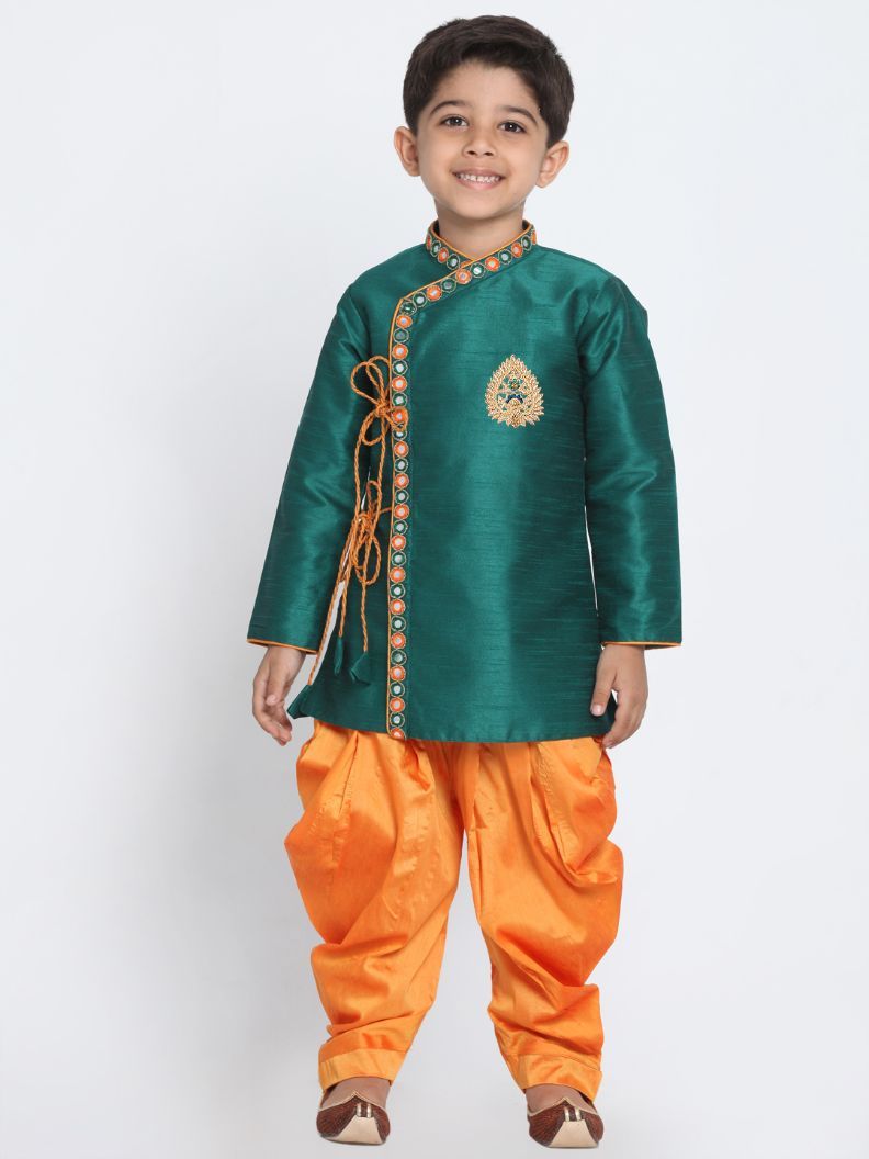 Vastramay Boy's Green Cotton Silk Blend Kurta and Dhoti Set - qivii