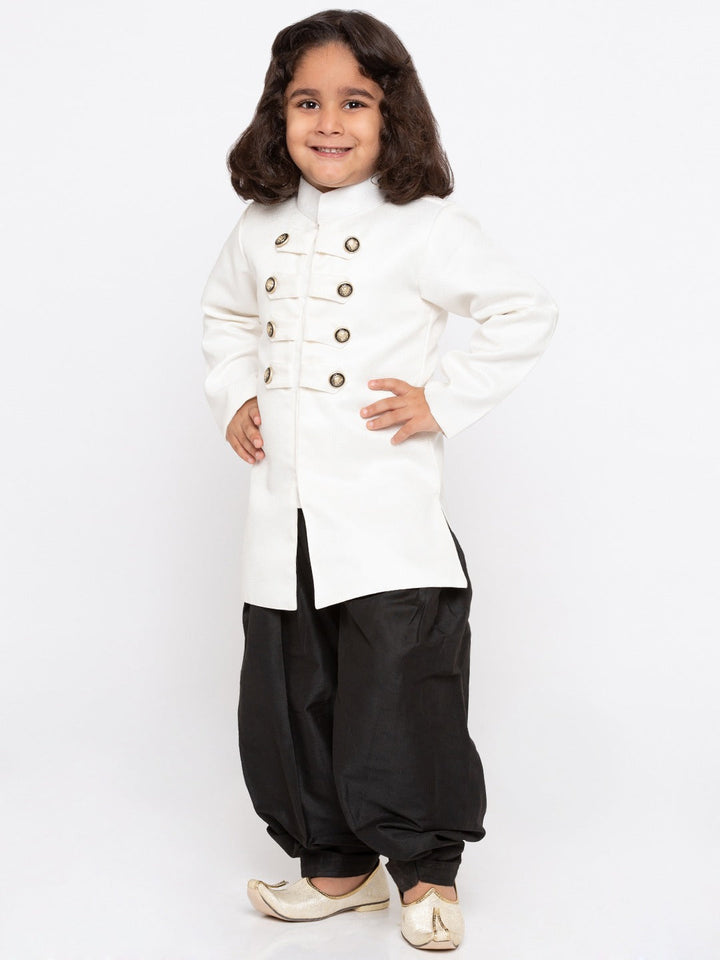 Vastramay Boy's White & Black Solid Slim-Fit Sherwani Set - qivii