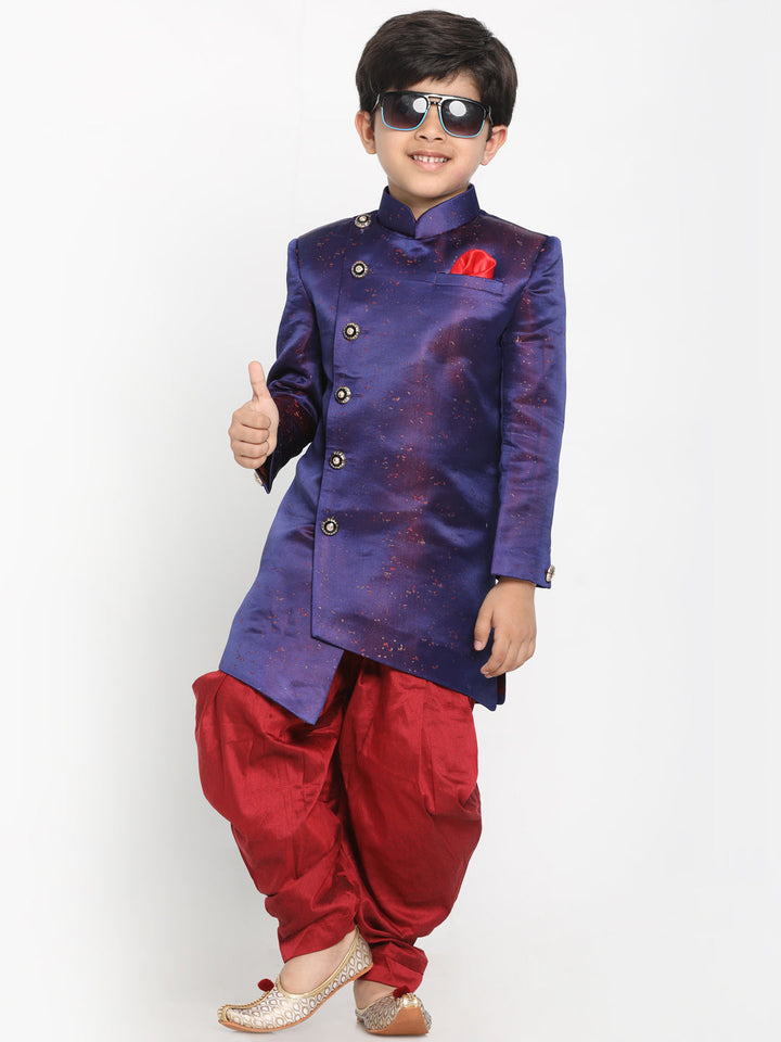 Vastramay Boys' Blue And Maroon Silk Blend Indowestern Sherwani And Dhoti Set - qivii