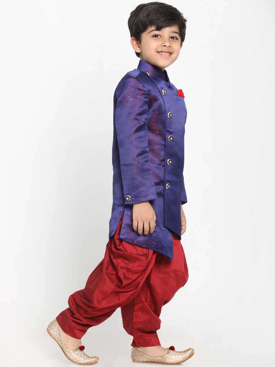 Vastramay Boys' Blue And Maroon Silk Blend Indowestern Sherwani And Dhoti Set - qivii