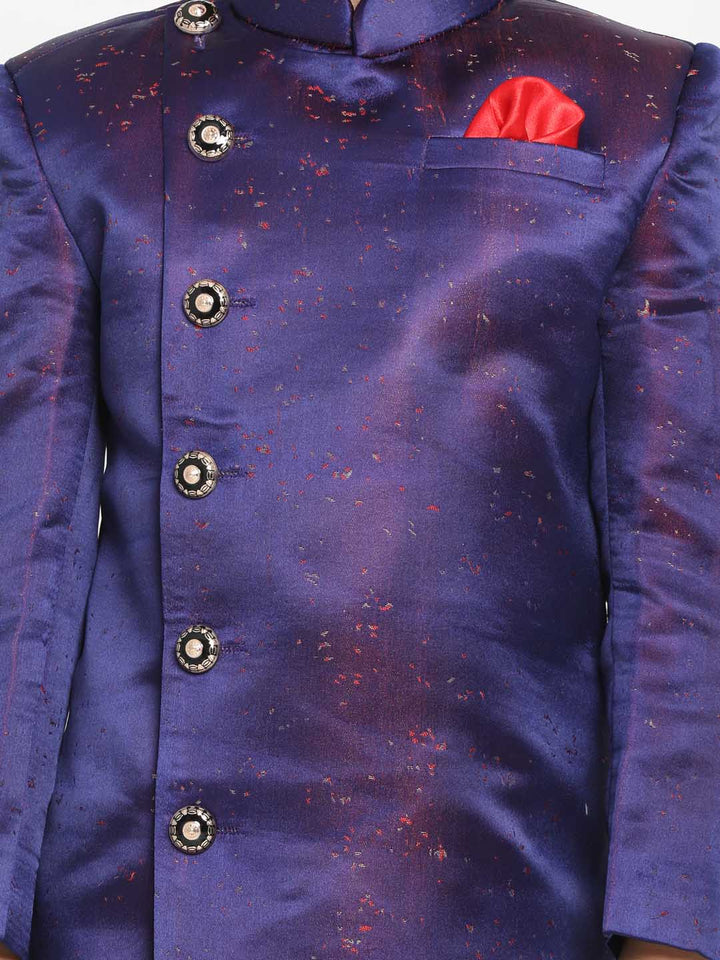 Vastramay Boys' Blue And Maroon Silk Blend Indowestern Sherwani And Dhoti Set - qivii