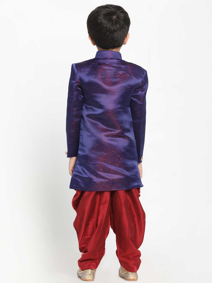 Vastramay Boys' Blue And Maroon Silk Blend Indowestern Sherwani And Dhoti Set - qivii