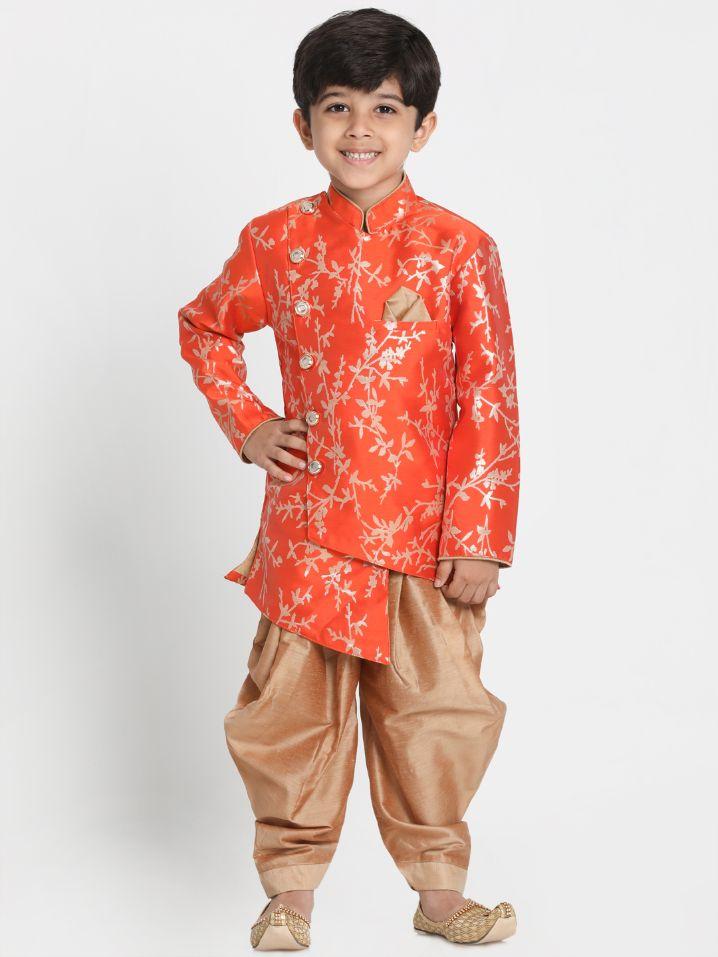 VASTRAMAY Boys' Orange Cotton Silk Blend Kurta and Dhoti Set - qivii