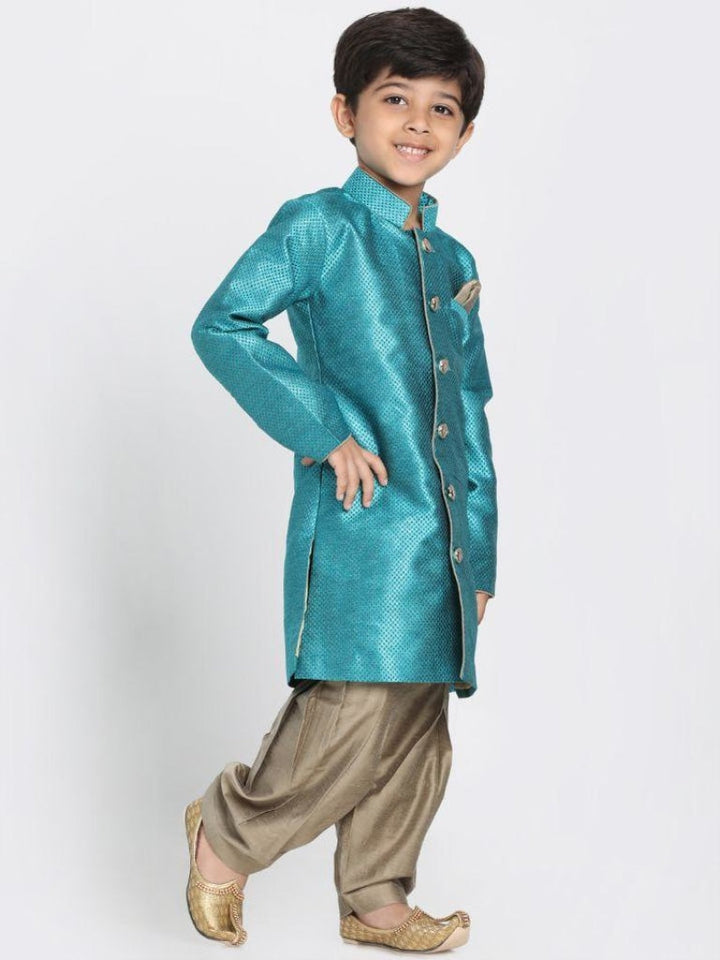 Boys' Green Jute Silk Blend Sherwani Set - qivii