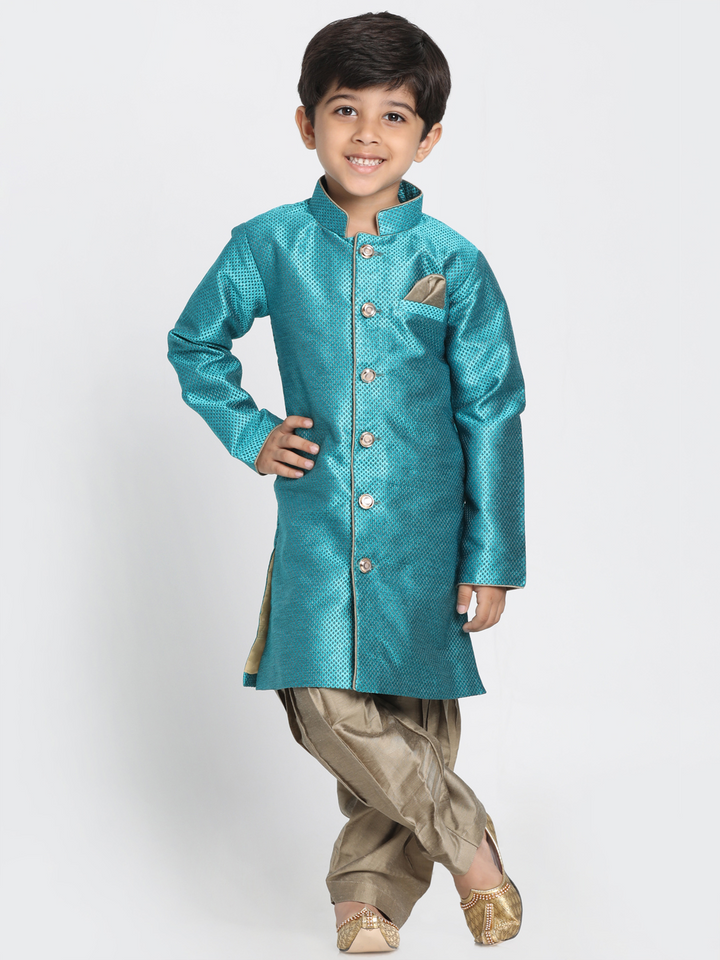 Boys' Green Jute Silk Blend Sherwani Set - qivii
