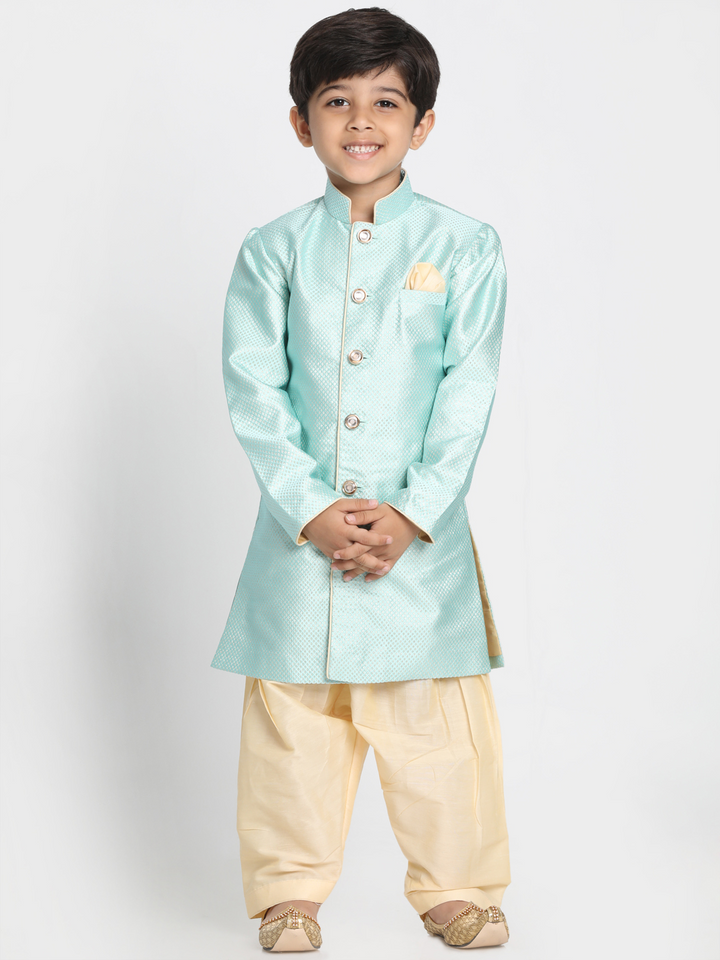 Boys' Mint Green Jute Silk Blend Sherwani Set - qivii