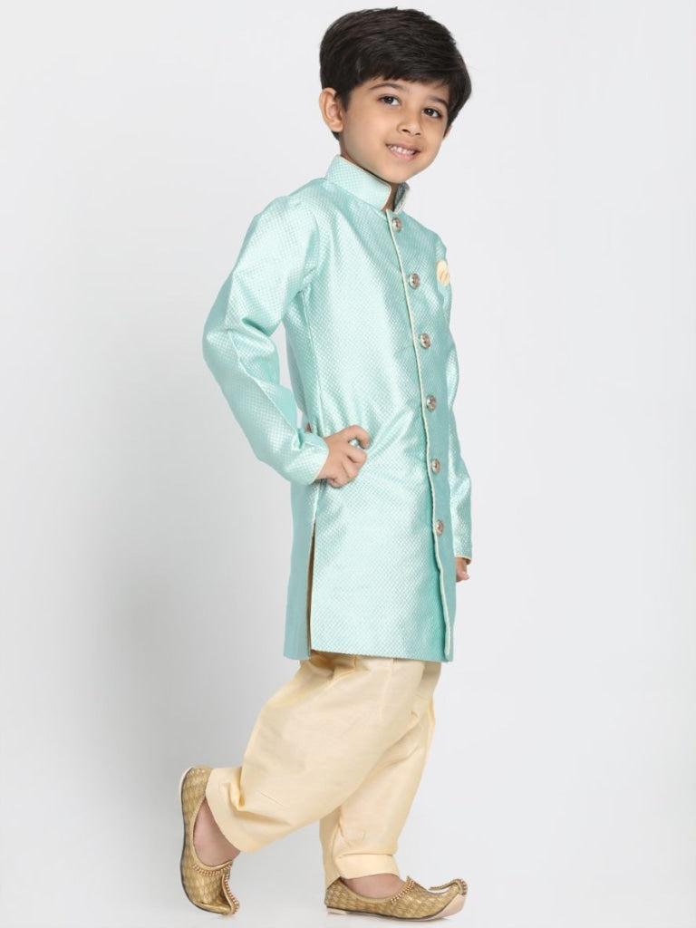Boys' Mint Green Jute Silk Blend Sherwani Set - qivii