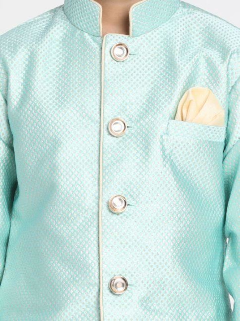 Boys' Mint Green Jute Silk Blend Sherwani Set - qivii