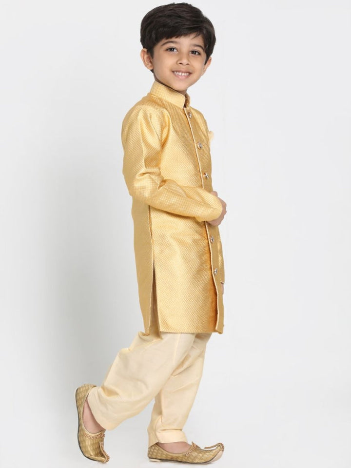 Vastramay Boys' Yellow Jute Silk Blend Sherwani Set - qivii