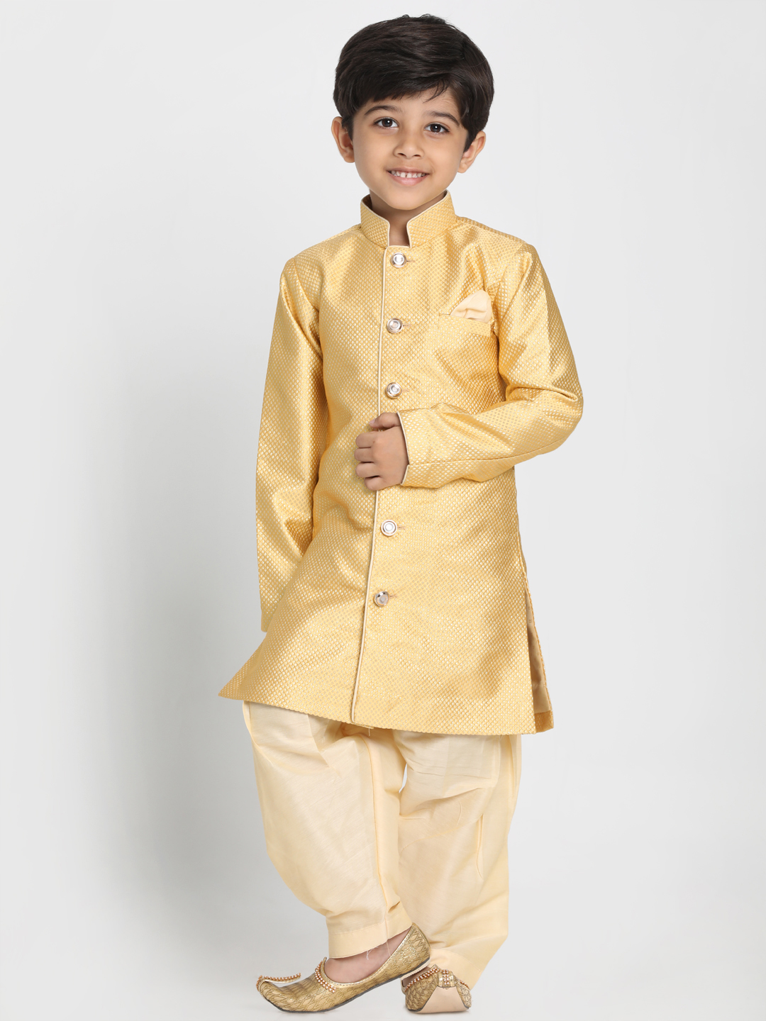 Vastramay Boys' Yellow Jute Silk Blend Sherwani Set - qivii