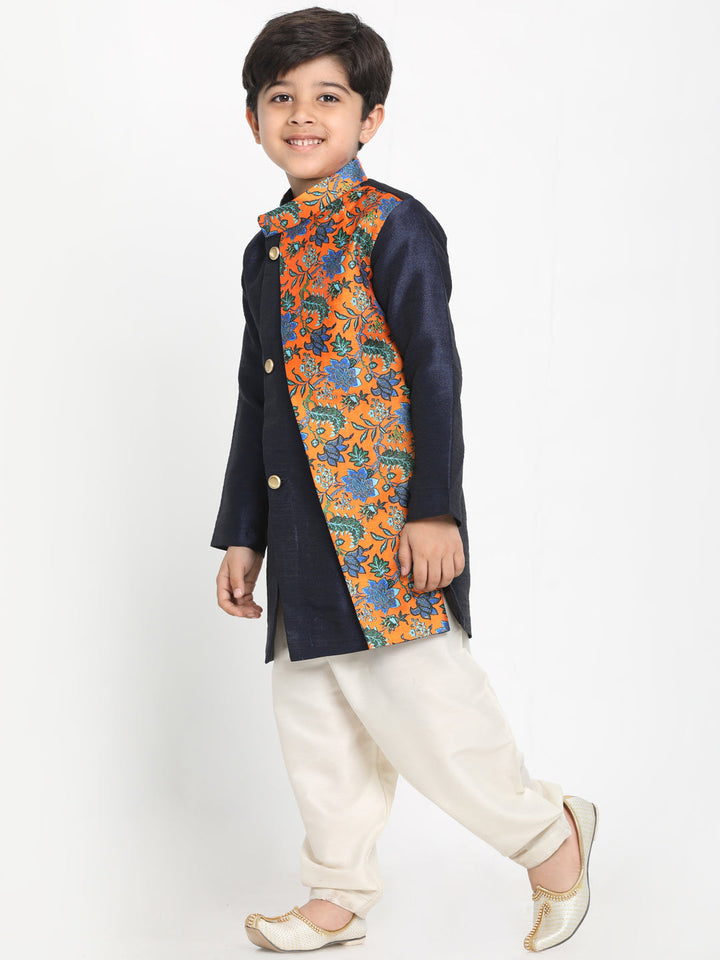 VASTRAMAY Boys Multicolor-Base-Navy Blue Silk Blend Kurta and Patiala Set - qivii