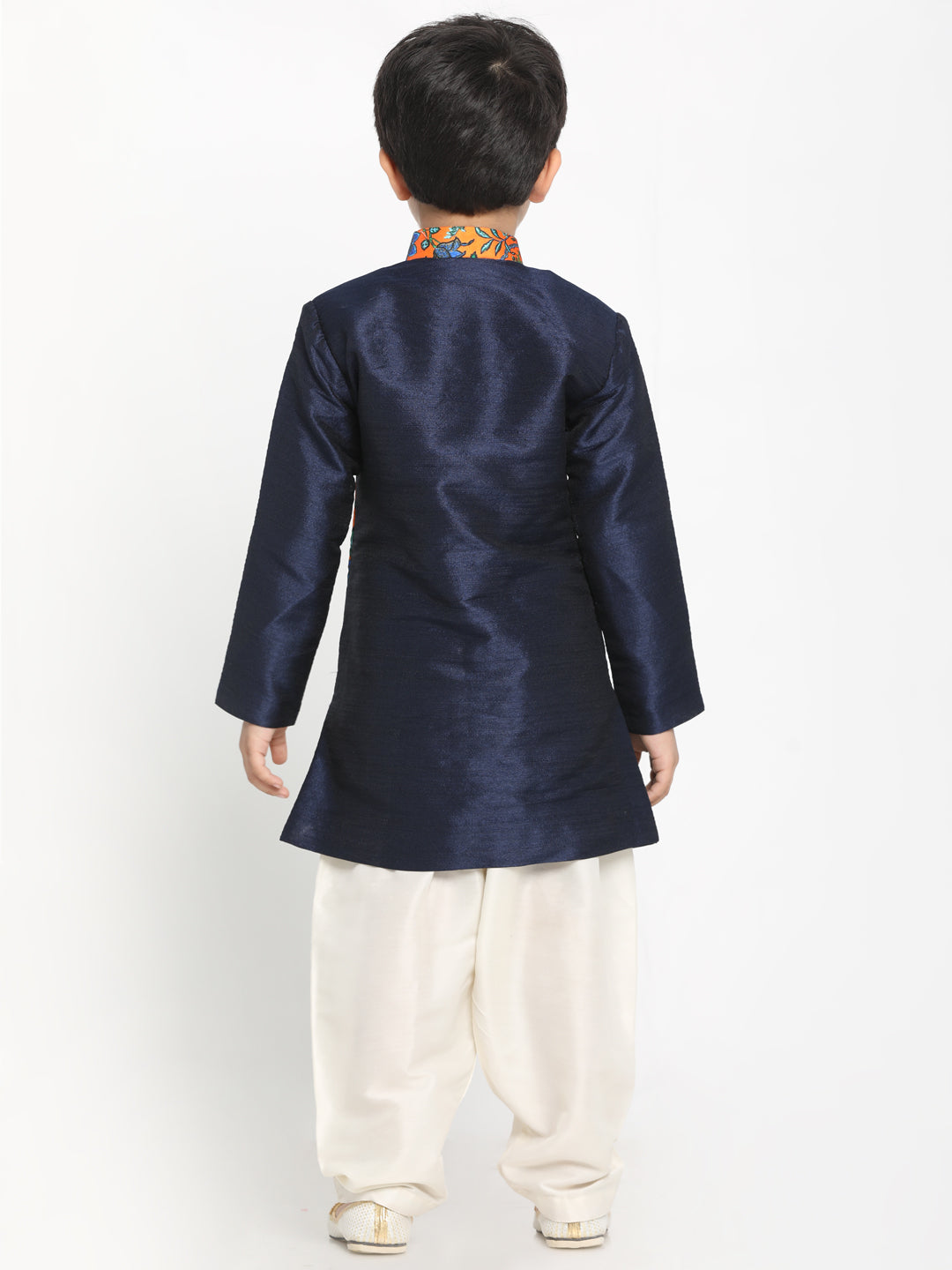 VASTRAMAY Boys Multicolor-Base-Navy Blue Silk Blend Kurta and Patiala Set - qivii