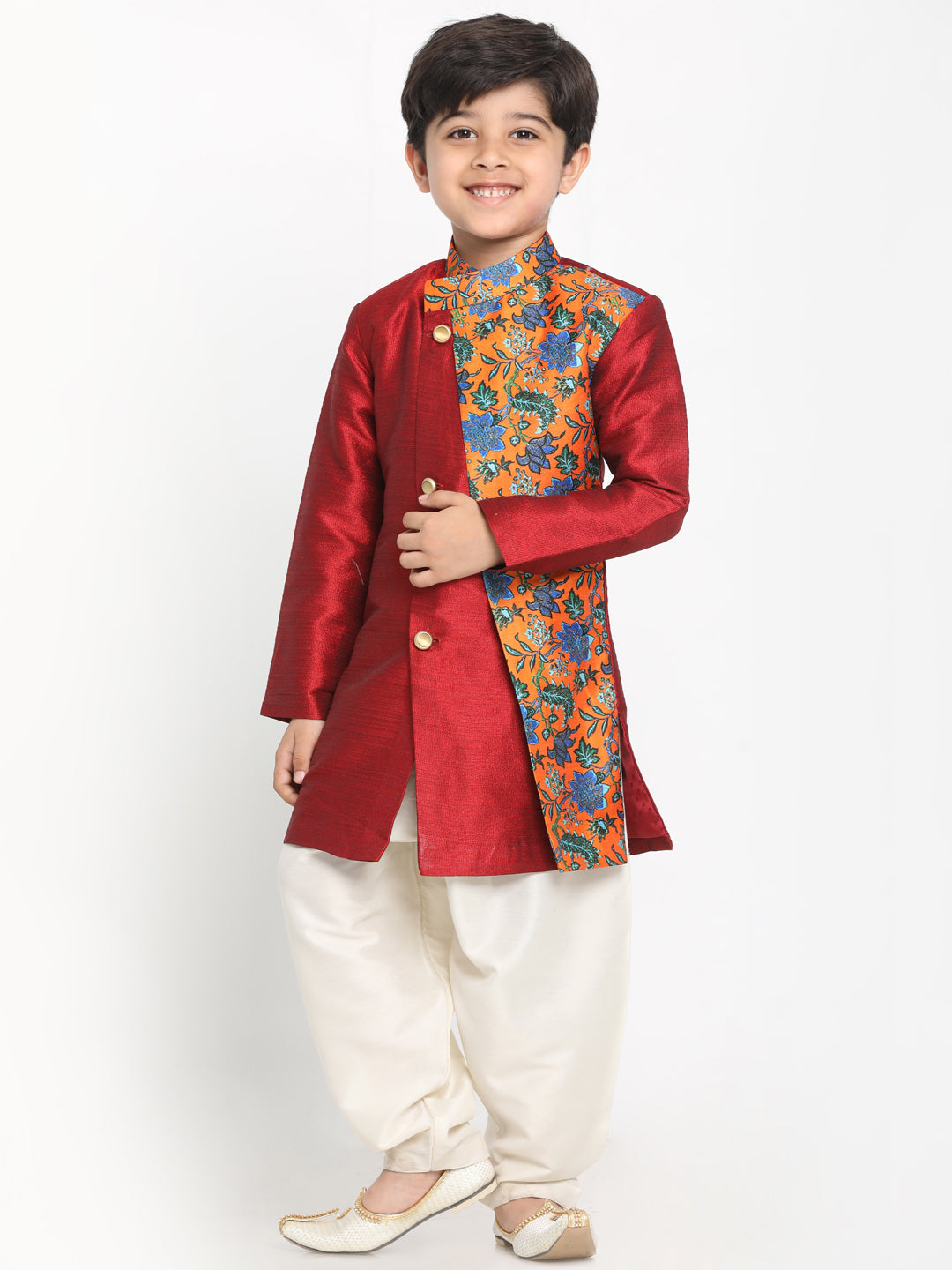 VASTRAMAY Boys Multicolor-Base-Red Silk Blend Kurta and Patiala Set - qivii