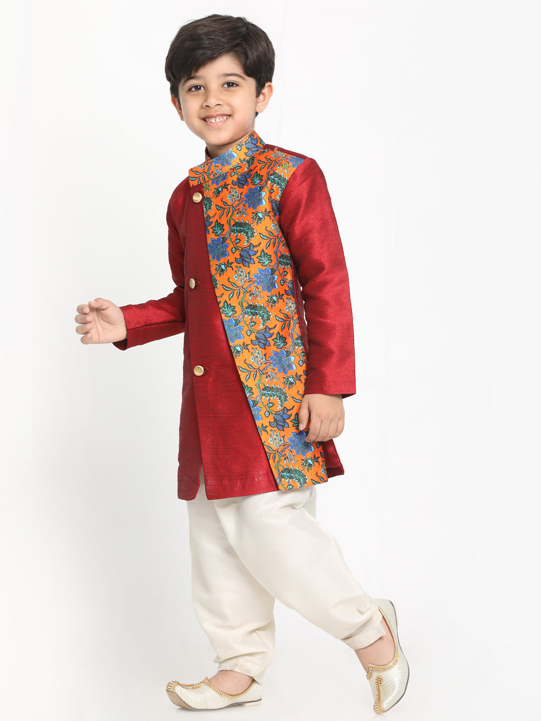 VASTRAMAY Boys Multicolor-Base-Red Silk Blend Kurta and Patiala Set - qivii