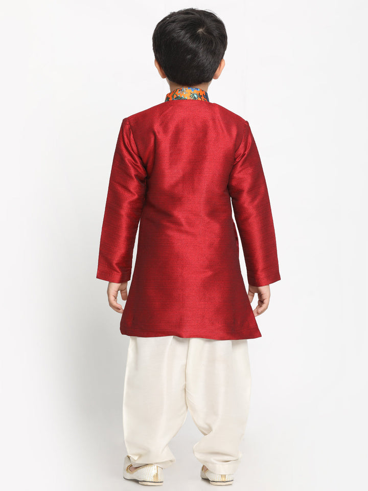 VASTRAMAY Boys Multicolor-Base-Red Silk Blend Kurta and Patiala Set - qivii
