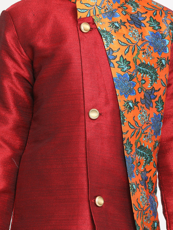 VASTRAMAY Boys Multicolor-Base-Red Silk Blend Kurta and Patiala Set - qivii