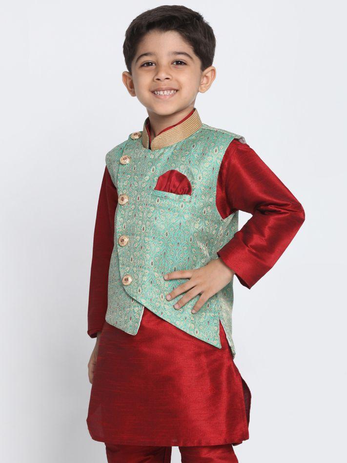 VASTRAMAY Boys' Green Cotton Silk Blend Nehru Jacket - qivii