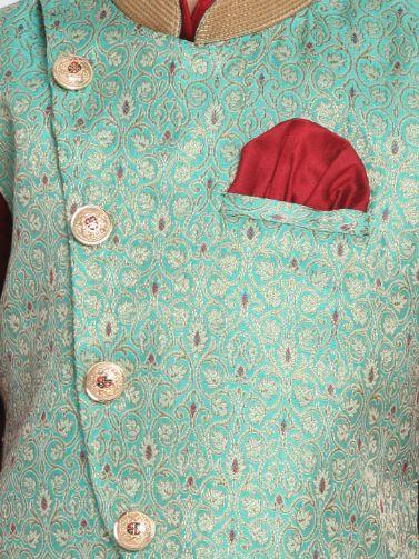 VASTRAMAY Boys' Green Cotton Silk Blend Nehru Jacket - qivii