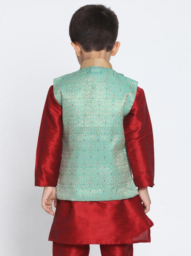 VASTRAMAY Boys' Green Cotton Silk Blend Nehru Jacket - qivii