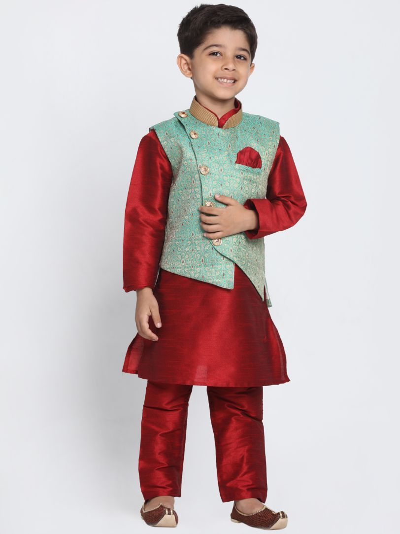 VASTRAMAY Boys' Green Cotton Silk Blend Nehru Jacket - qivii