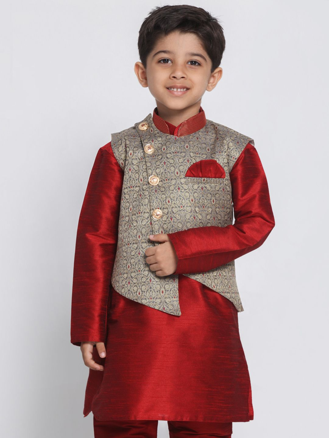 Vastramay Boys' Grey Cotton Silk Blend Nehru Jacket - qivii