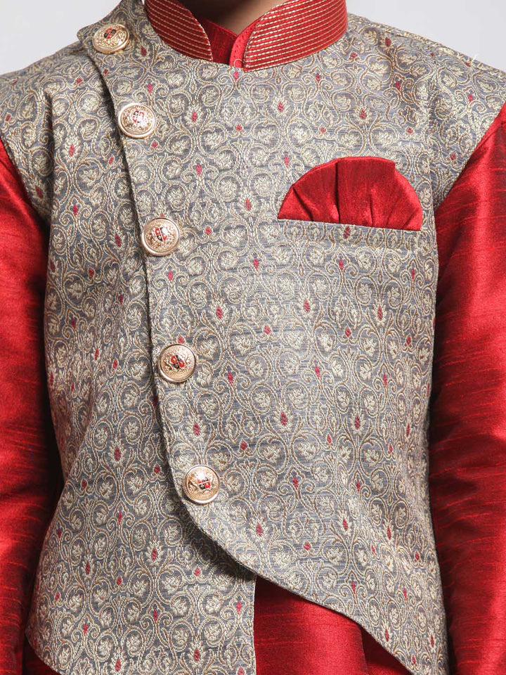 Vastramay Boys' Grey Cotton Silk Blend Nehru Jacket - qivii