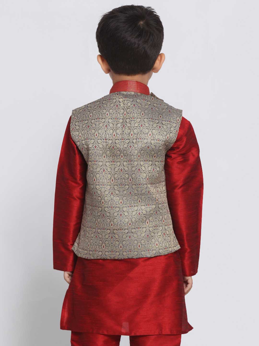 Vastramay Boys' Grey Cotton Silk Blend Nehru Jacket - qivii