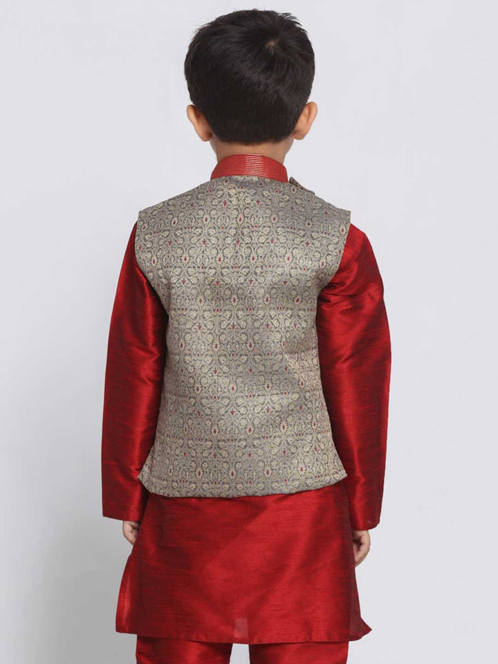 Vastramay Boys' Grey Cotton Silk Blend Nehru Jacket - qivii