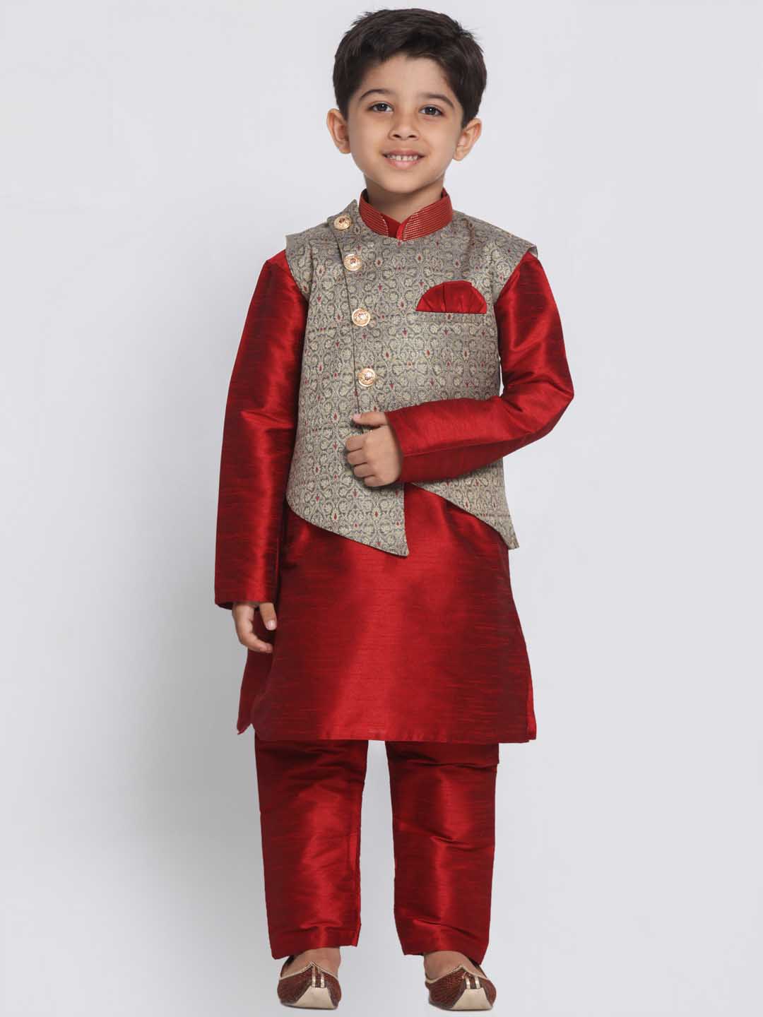 Vastramay Boys' Grey Cotton Silk Blend Nehru Jacket - qivii