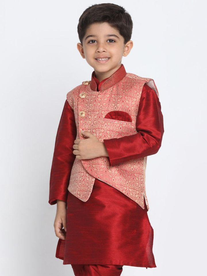 VASTRAMAY Boys' Pink Cotton Silk Blend Nehru Jacket - qivii
