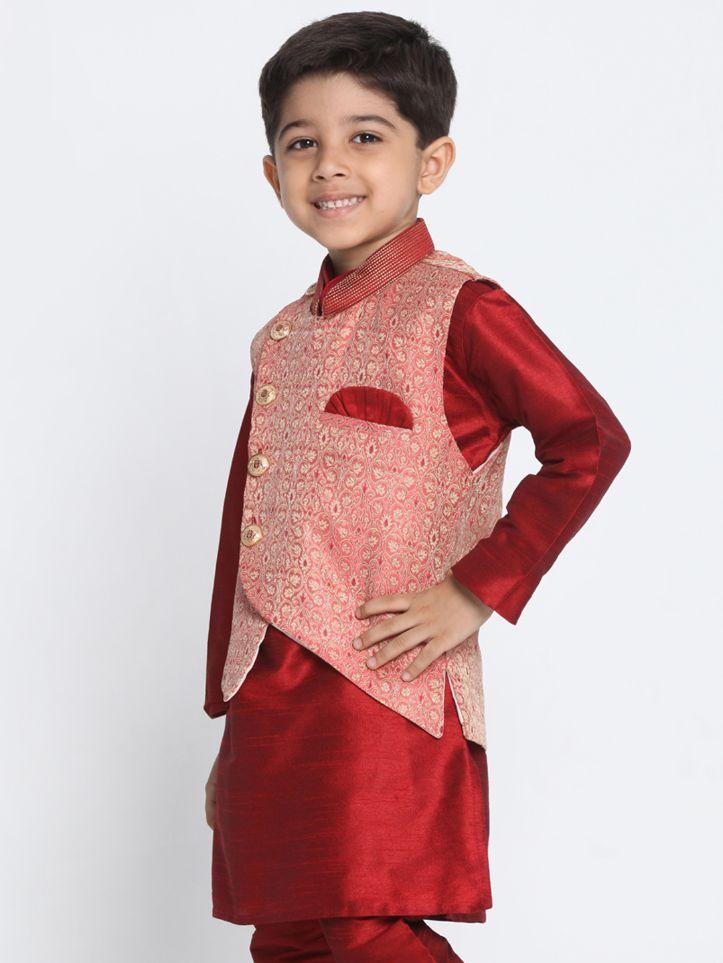 VASTRAMAY Boys' Pink Cotton Silk Blend Nehru Jacket - qivii