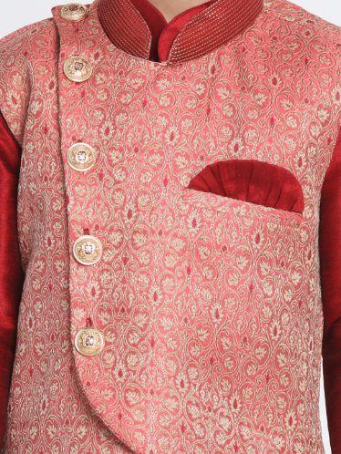 VASTRAMAY Boys' Pink Cotton Silk Blend Nehru Jacket - qivii