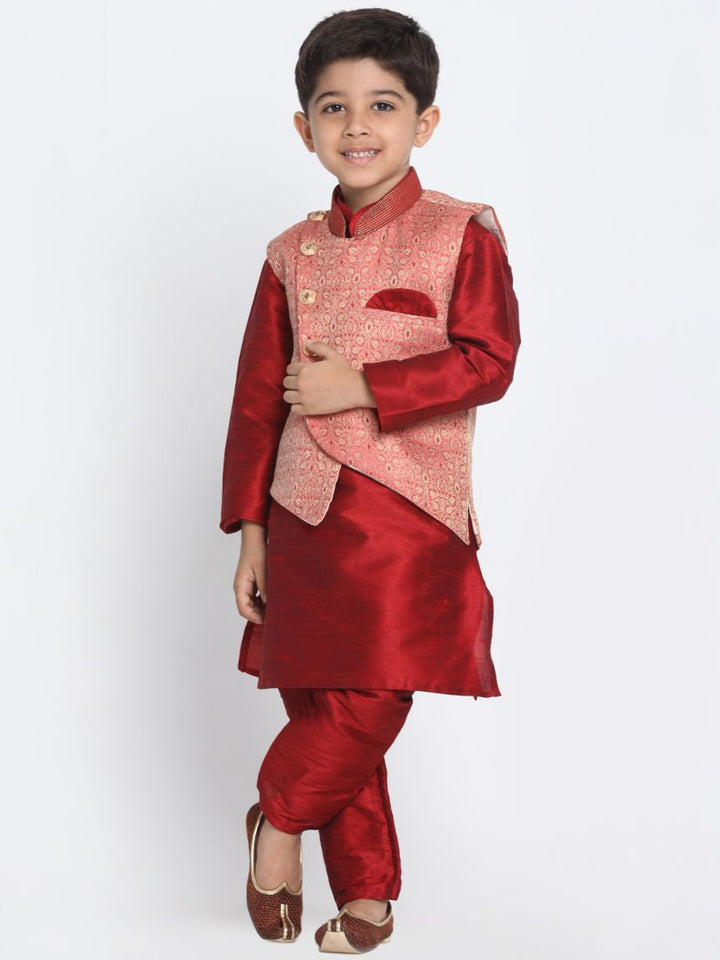 VASTRAMAY Boys' Pink Cotton Silk Blend Nehru Jacket - qivii