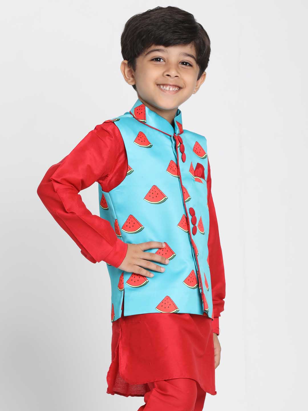 Vastramay Boys' Quirky Watermelon Print Nehru Jacket - qivii