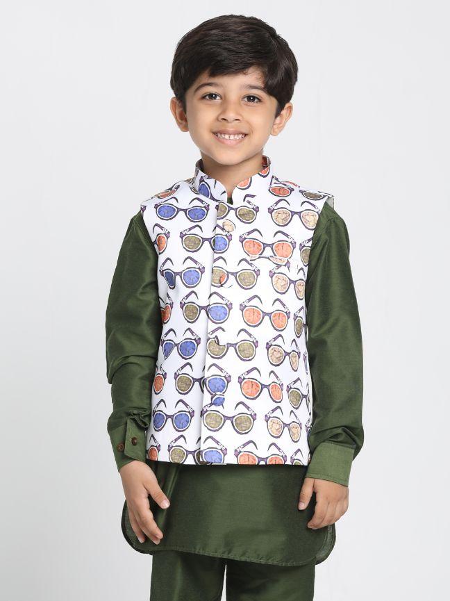 Boys' Quirky Chasma Print Nehru Jacket - qivii